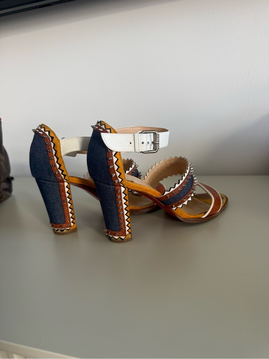 Christian Louboutin Shoes - Christian Louboutin Multicolor Denim, White & Brown Block Heel Sandals